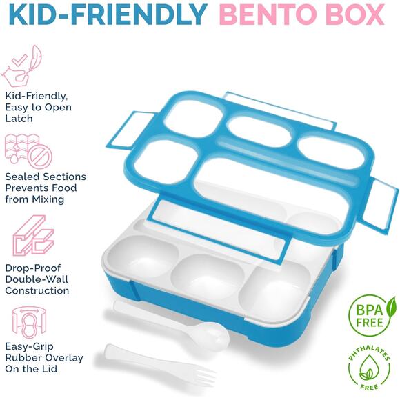 Kinsho Bento Lunch Box Kids & Adult with 6 Compartments Blue/Pink - Picture 3 of 3